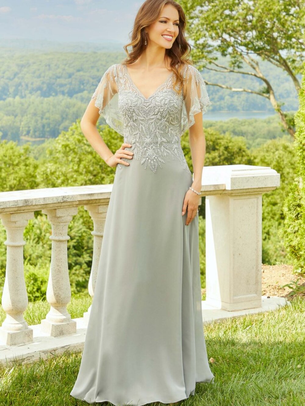 Silver Beaded Chiffon Mother of Bride/Groom Gown with Sleeve MGNY 72517